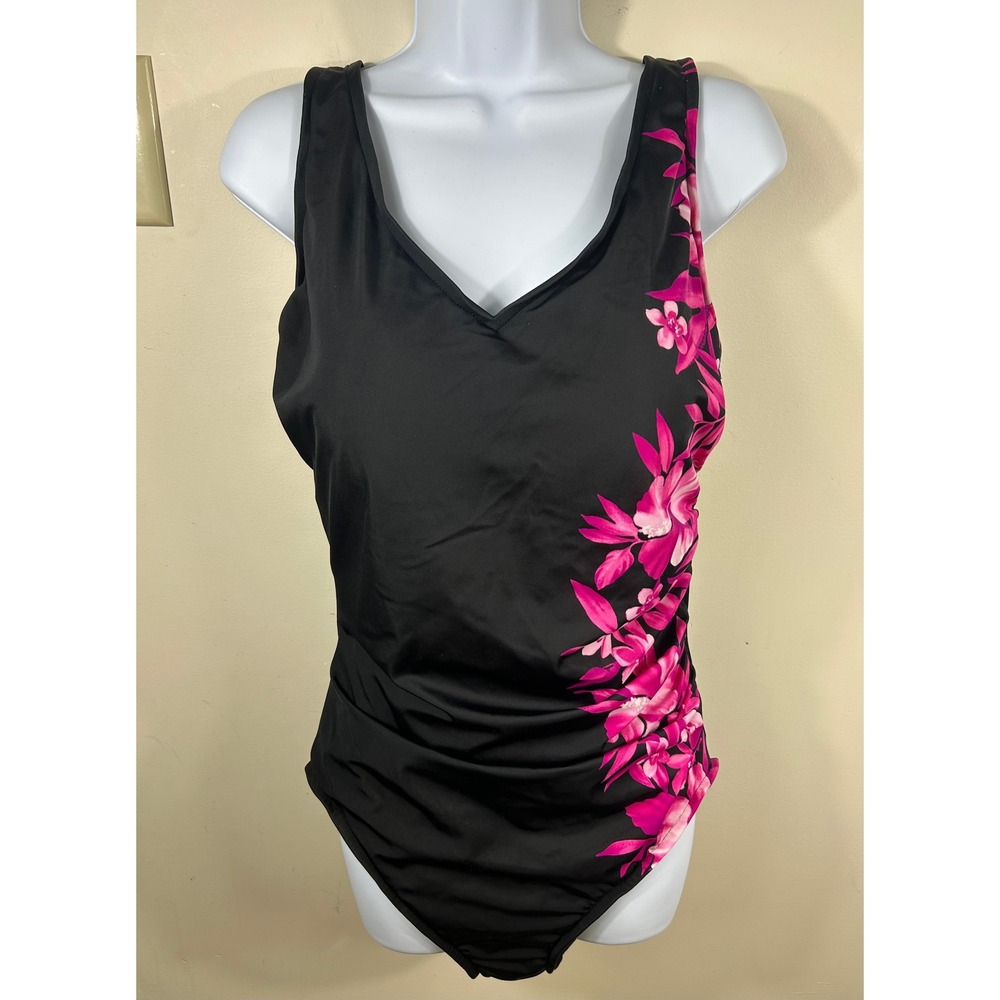 Trimshaper One Piece Swimsuit Women 16 Black Pink Floral Tummy Control Slimming